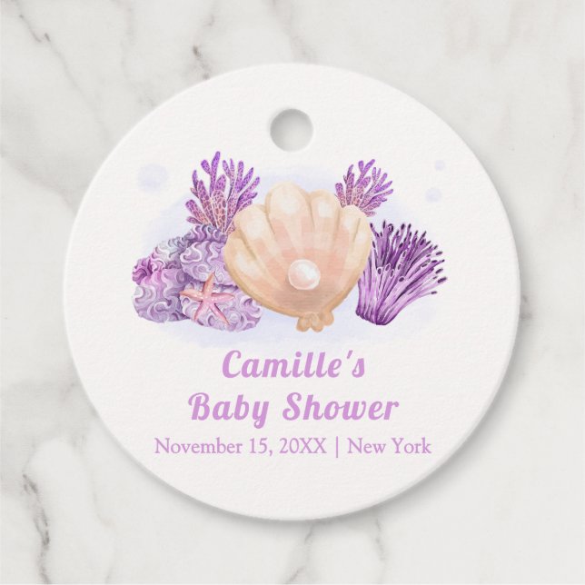 Lila Retro Pearl Seashell Baby Shower Gåvor Etiketter (Framsida)