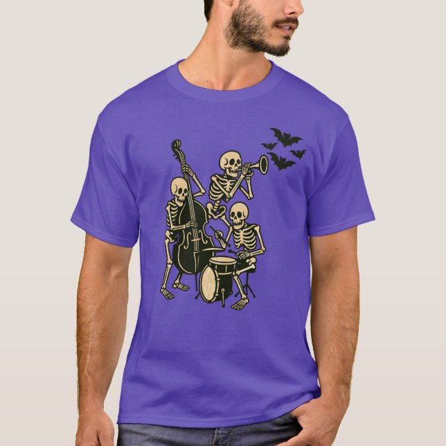 Lila Retro Skeleton Band Halloween T Shirt (Framsida)