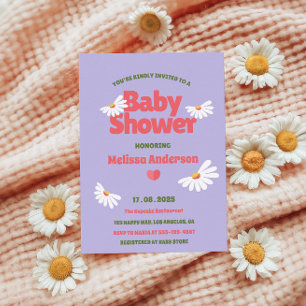Lila Retro Whimsical Daisy Baby Shower Inbjudningar
