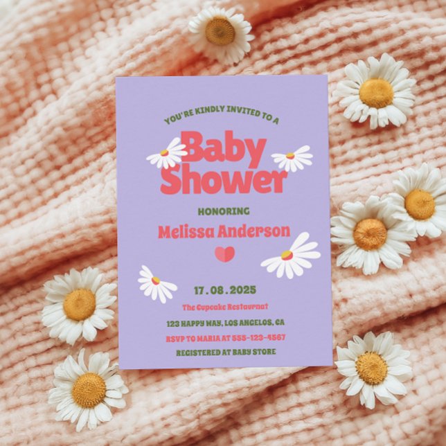 Lila Retro Whimsical Daisy Baby Shower Inbjudningar (Skapare uppladdad)