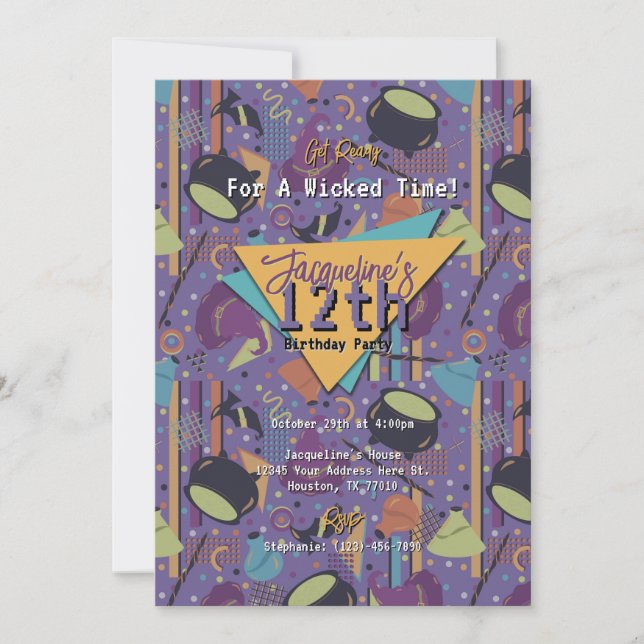 Lila Retro Witchy Halloween-födelsedagsinbjudan Inbjudningar (Framsida)