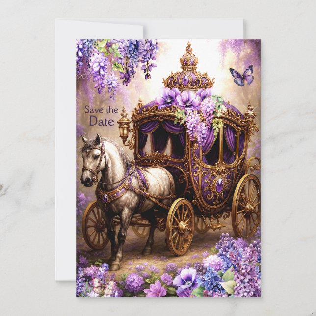 Lila Reverie Carriage Save Date - Royal Tea Inbjudningar (Framsida)