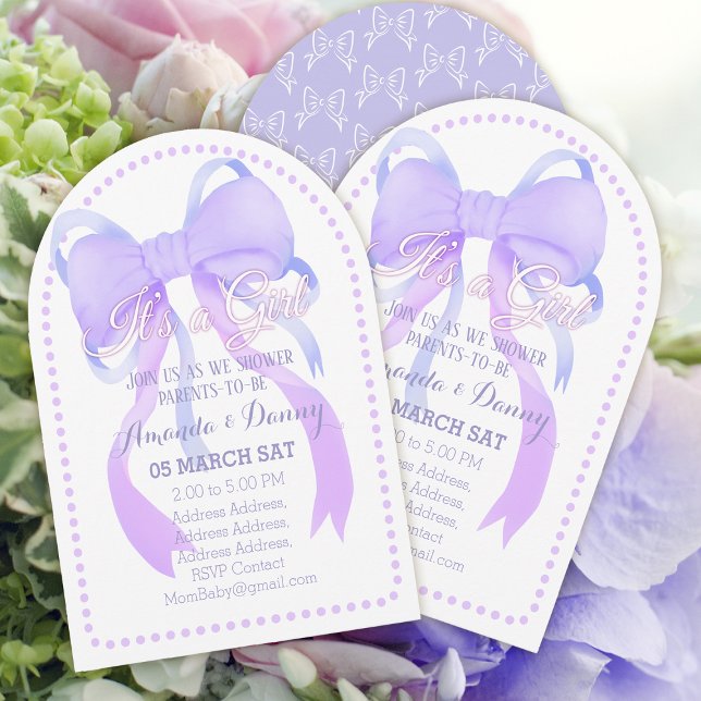 Lila Ribbon Baby Shower Arch Inbjudningar (Lovely Purple Ribbon Baby Girl Shower Arch Card Design.)