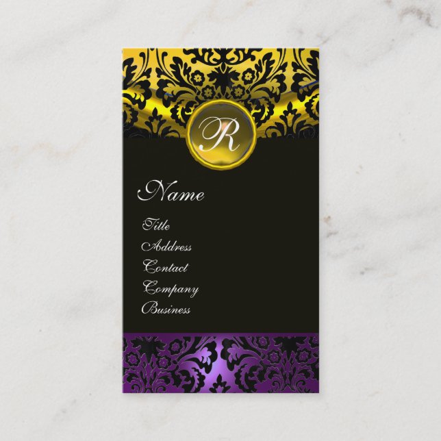 LILA RIBBON BLACK GULD GULT DAMASK MONOGRAM VISITKORT (Framsida)