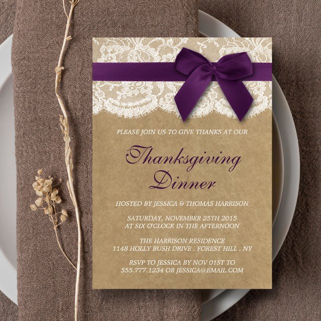 Lila Ribbon Kraft & Snöre Thanksgiving Middag Inbjudningar (Skapare uppladdad)