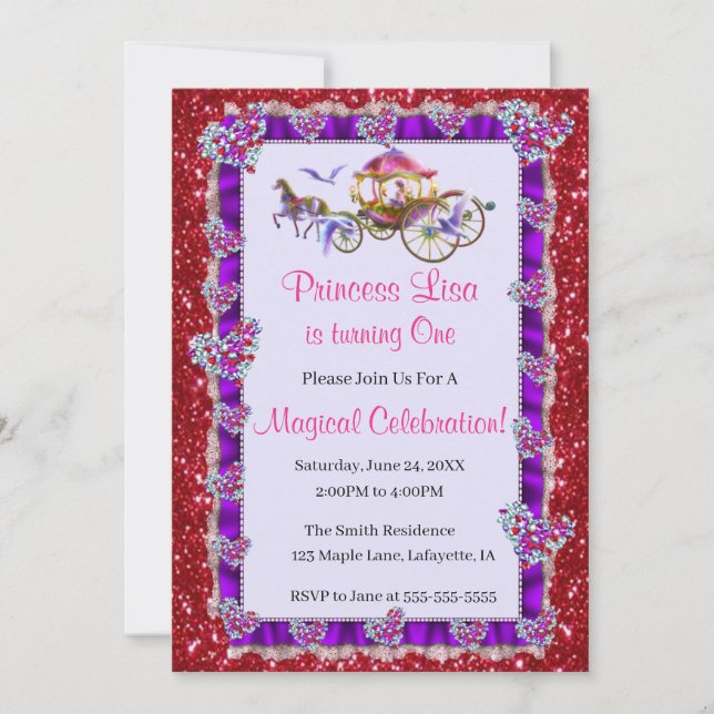 Lila Ribbon Red Glitter Royal Princess Birthday Inbjudningar (Framsida)