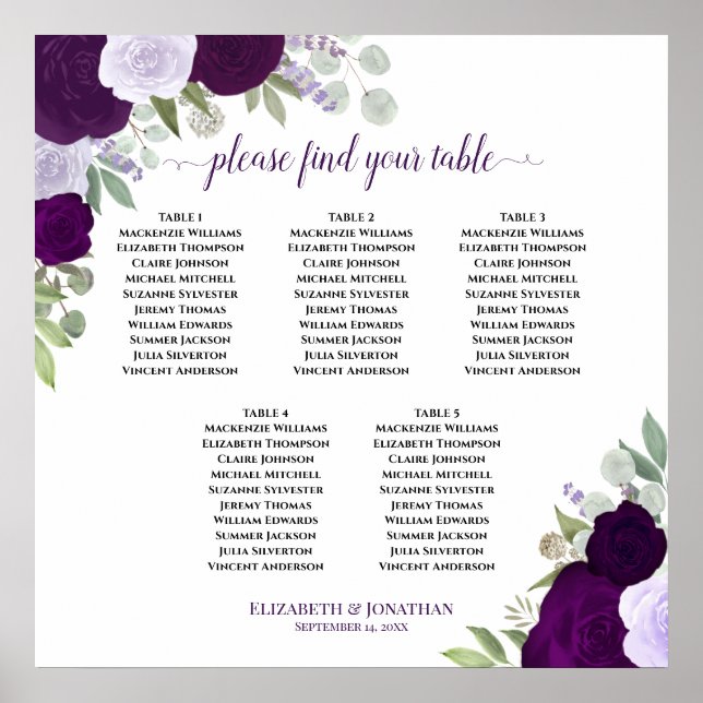 Lila Ro 5 passagerardiagram Bord Elegant bröllop Poster (Framsidan)