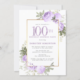 Lila Ro Blommigt 100:e födelsedag Surprise Party Inbjudningar
