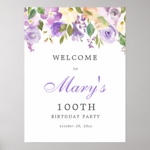 Lila Ro Blommigt 100:e födelsedag Välkomstskylt Poster
