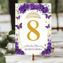 Lila Ro Blommigt Butterflies Guld Quinceañera Bordsnummer