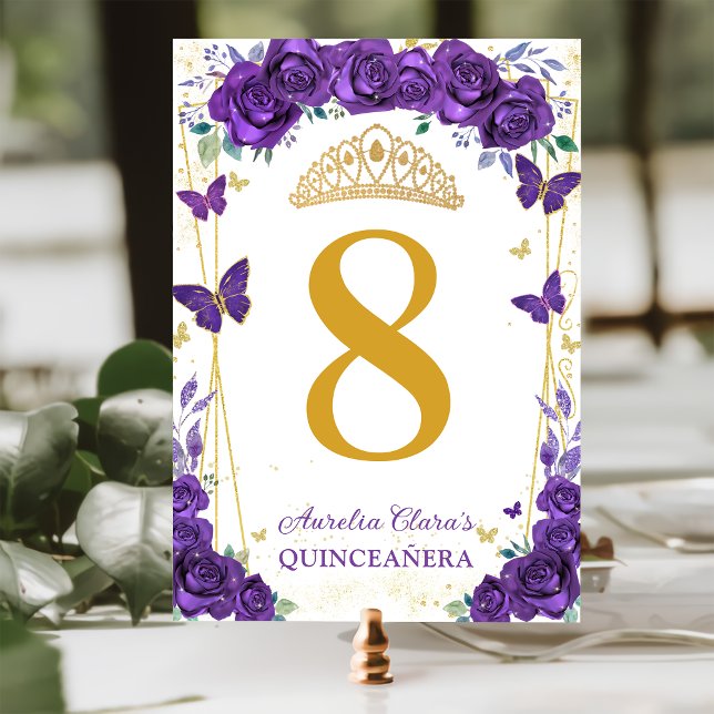 Lila Ro Blommigt Butterflies Guld Quinceañera Bordsnummer (Skapare uppladdad)