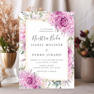 Lila Ro Blommigt Nuestra Boda Spanska Bröllop Inbjudningar