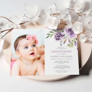 Lila Ro Blommigt Photo Girl Christening Inbjudningar