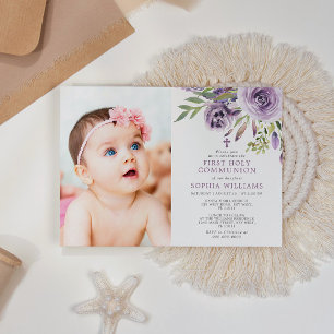 Lila Ro Blommigt Photo Girl First Heliga Communion Inbjudningar