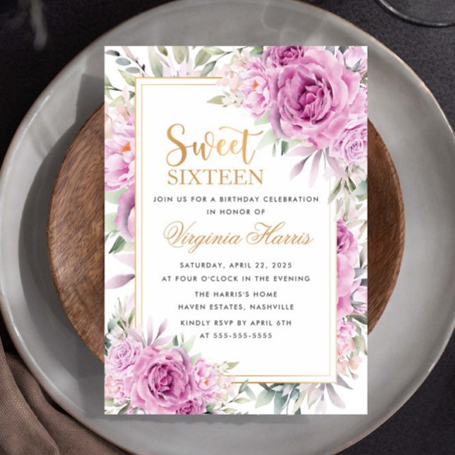 Lila Ro Blommigt Sweet sixteen 16 Födelsedag Inbjudningar (Skapare uppladdad)