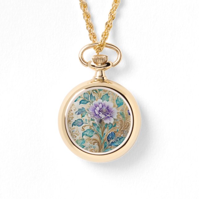 Lila Ro blommigt vattenfärg Armbandsur (Framsida)