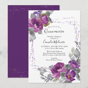 Lila Ro Confetti Ram Blommigt Quinceanera Inbjudningar