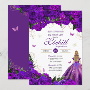 Lila Ro Elegant Blommigt & Butterfly Quinceañera Inbjudningar