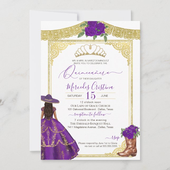 Lila Ro Elegant Western Charro Quinceanera Inbjudningar (Framsida)