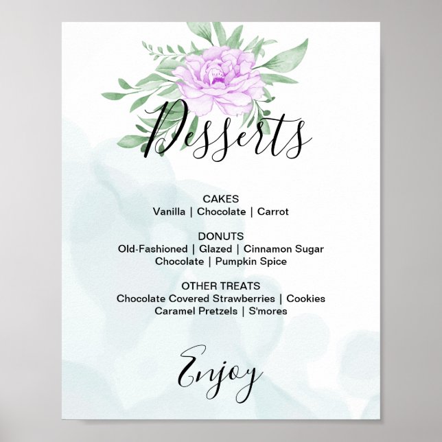 Lila Ro Eucalyptus Bröllop Dessert Menu Sjunga Poster (Framsidan)