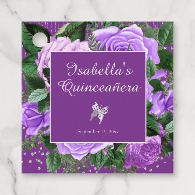 Lila Ro Flowers Silver Butterfly Quinceañera Gåvor Etiketter (Framsida)
