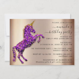 Lila Ro Glitter Unicorn Horse Birthday Inbjudningar