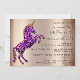 Lila Ro Glitter Unicorn Horse Birthday Inbjudningar