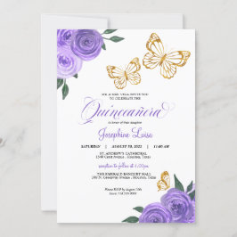 Lila Ro Golden Butterfly Quinceañera Birthday Inbjudningar