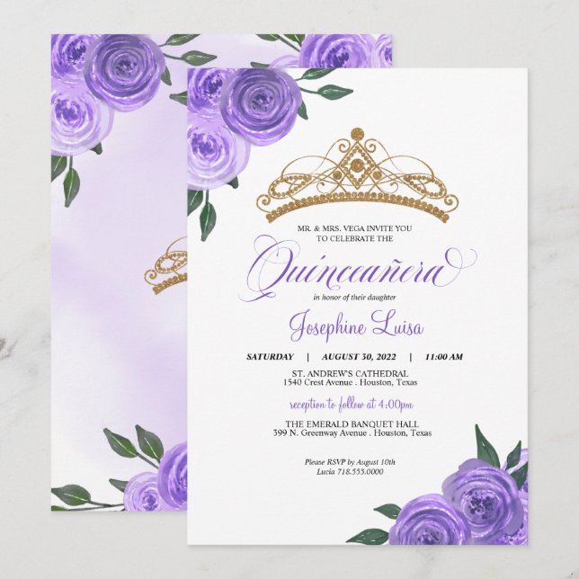 Lila Ro Golden Tiara Quinceañera Birthday Inv Inbjudningar (Fram/baksida)