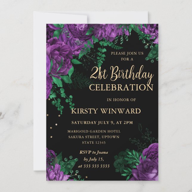 Lila Ro Gräns Blommigt 21:a födelsedagen Inbjudningar (Framsida)