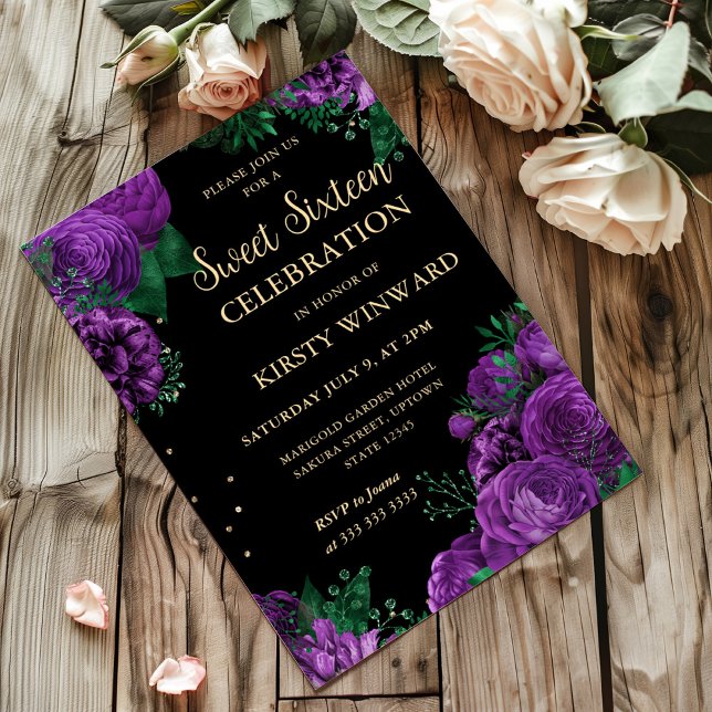 Lila Ro Gräns Blommigt Sweet sixteen Inbjudningar (Skapare uppladdad)