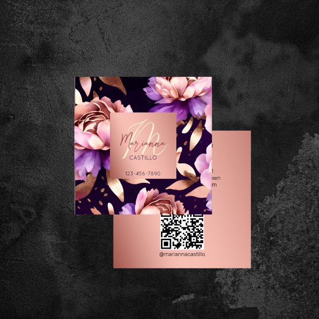 Lila ro guld-blommor chic modern mall fyrkantigt visitkort (Purple rose gold flowers chic modern template square business card makeup artist hair stylist )