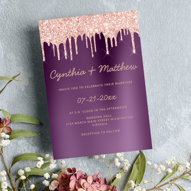Lila ro guld glitter droppar i bröllop vid inbjudningar (Purple gradient rose gold glitter drips wedding )