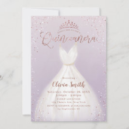 Lila ro guld glitter klänning quinceañera inbjudningar