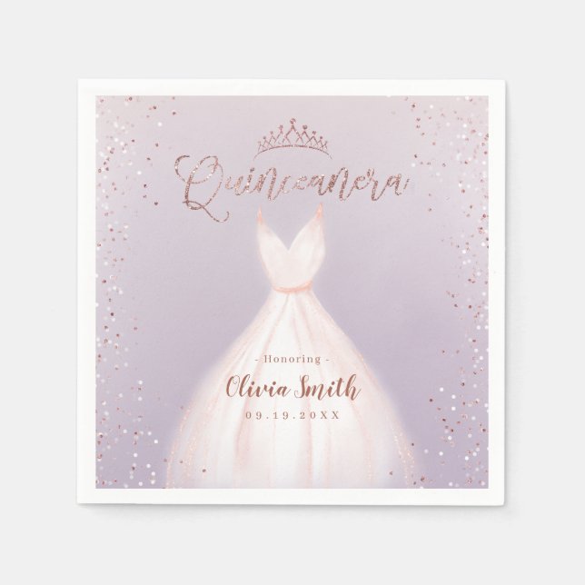 Lila ro guld glitter med klädquinceañera pappersservett (Framsidan)