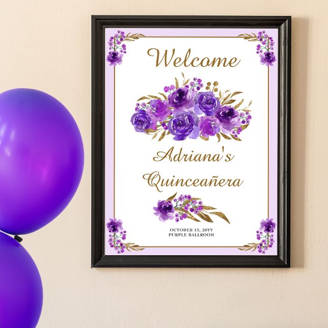 Lila Ro Guld Löv Quinceanera Välkommen Poster (Purple floral welcome poster  (print or printable) from my Rose and Gold Leaf quinceanera collection)