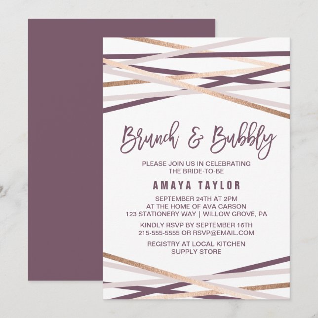 Lila  & Ro Guld Streamers Brunch & BubLY Inbjudningar (Fram/baksida)