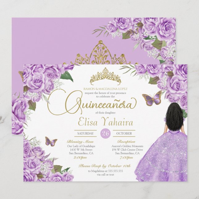 Lila Ro Guld Tiara Butterfly Elegant Quince Inbjudningar (Fram/baksida)