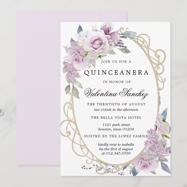 Lila Ro Lilac Watercolor Blommigt Quinceanera Inbjudningar (Fram/baksida)