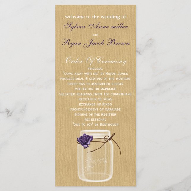 lila ro Mason burk bröllopsprogram Program (Framsida)