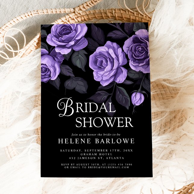 LILA RO MOODY MÖRK - MÖHIPPA INBJUDNINGAR (Purple Roses Moody Dark Gothic Bridal Shower Invitation)