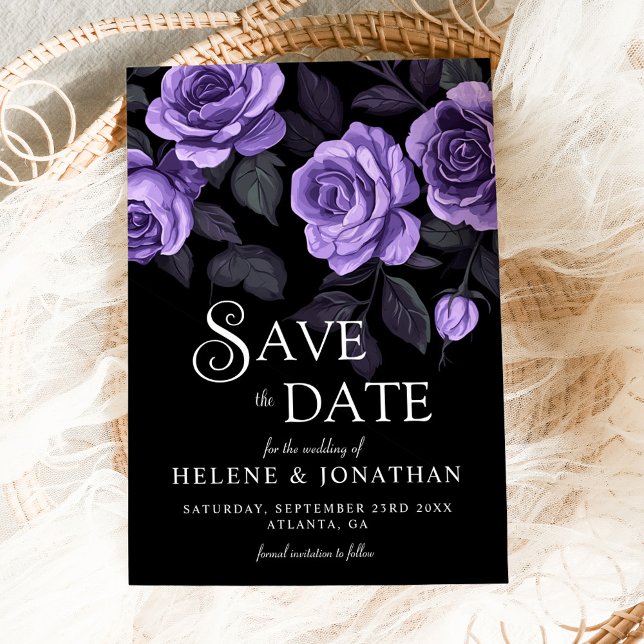 Lila Ro Mörk Moody Blommigt Göteborg Bröllop Spara Datumet (Purple Roses Dark Moody Floral Gothic Wedding Save The Date)