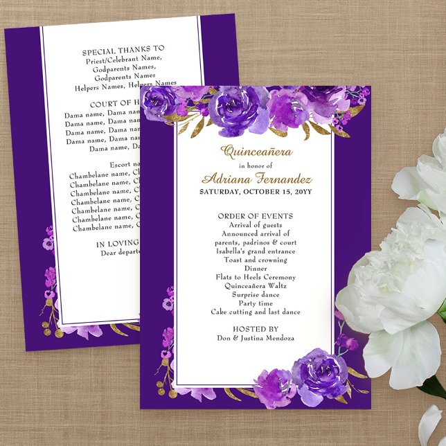 Lila Ro och Elegant Guld Löv Quinceanera Program (Purple floral program from my Rose and Gold Leaf quinceanera collection)