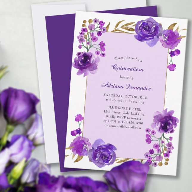 Lila Ro och Guld Löv Elegant Quinceanera Inbjudningar (Skapare uppladdad)