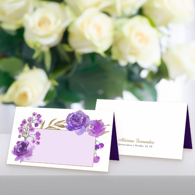 Lila Ro och Guld Löv Namn Plattor Placeringskort (Purple floral place cards from my Rose and Gold Leaf quinceanera collection)