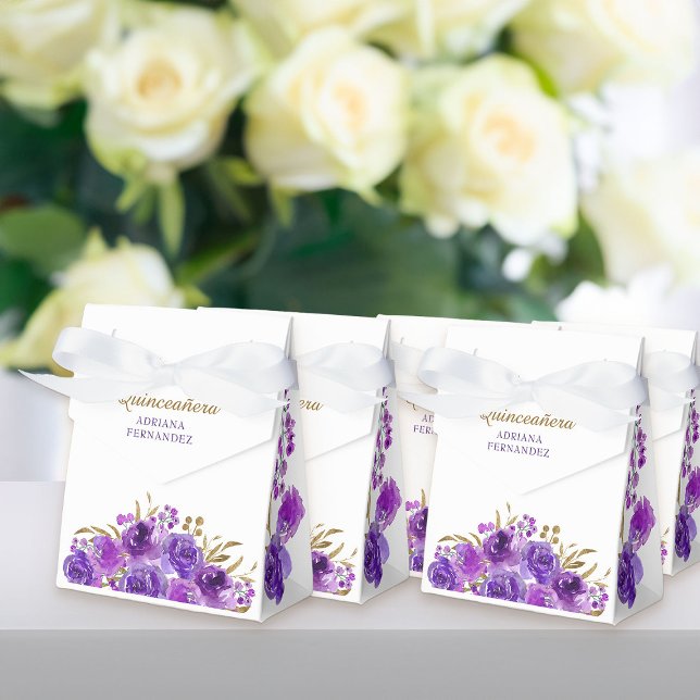 Lila Ro och Guld Löv Personlig Blommigt Presentaskar (Blue rose floral favor boxes from my Rose and Gold Leaf quinceanera collection)