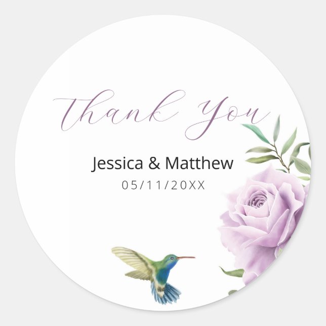 Lila Ro och Hummingbird Runt Klistermärke (Framsida)