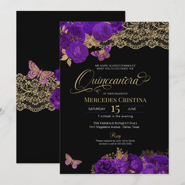 Lila Ro och Snöre Butterfly Quinceañera Invita Inbjudningar (Fram/baksida)
