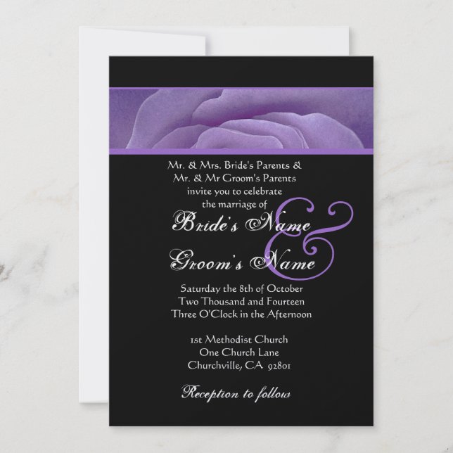 Lila Ro Petals Black Bröllop Metallic Papper Inbjudningar (Framsida)