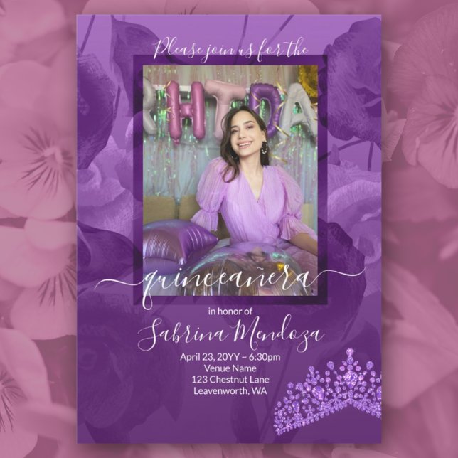 Lila Ro Quinceanera-fotoinbjudan Inbjudningar (lavender, lilac purple quinceanera, purple gemstone tiara purple birthstone mis quince 15th 15 anos)